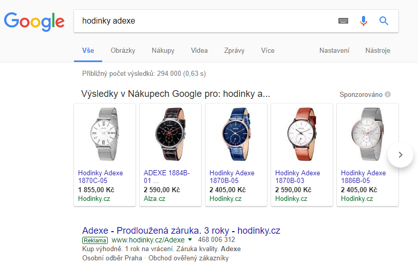 Ukázka Google nákupy SERP