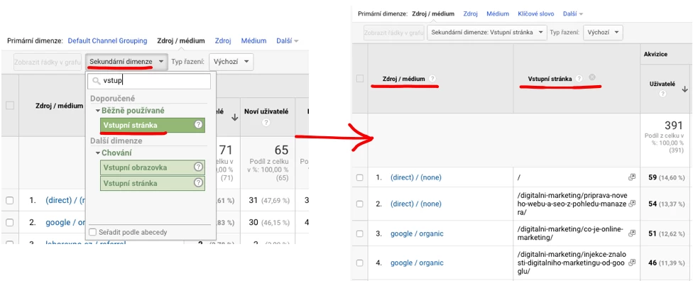 Přidání sekundární dimenze v Google Analytics