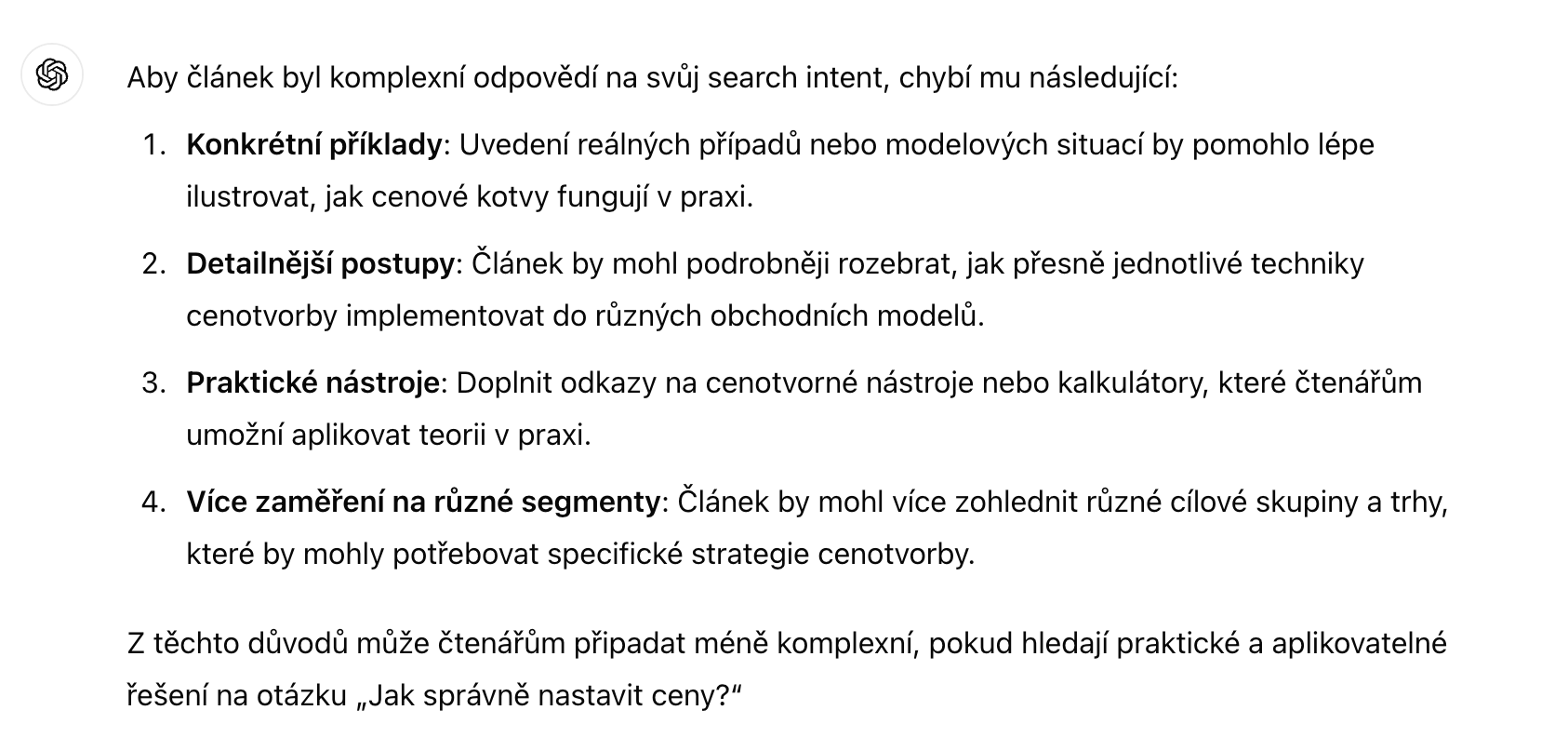 GPT radí se search intent a komplexností článku